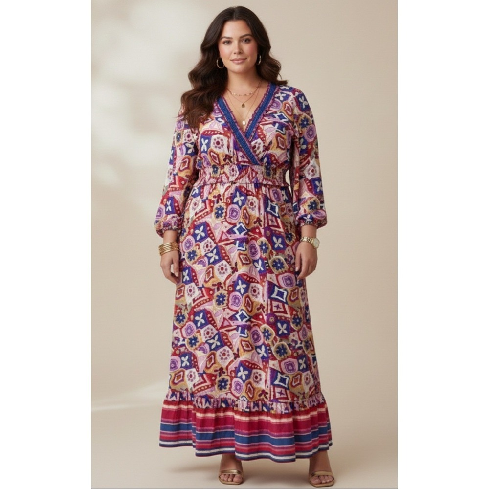 ANANY Maxi Dress Women XL Pink Multi Geometric Print Smocked Waist Boho NWT